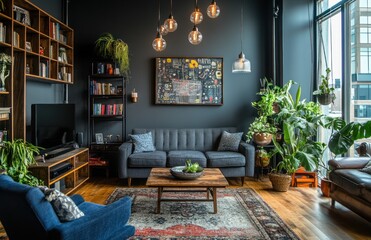 Dark, modern living room with plants, wooden shelving, and a gray sofa.