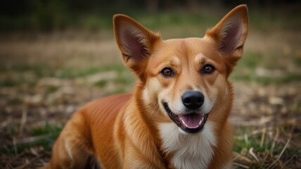 Happy red dog outdoors, smiling.