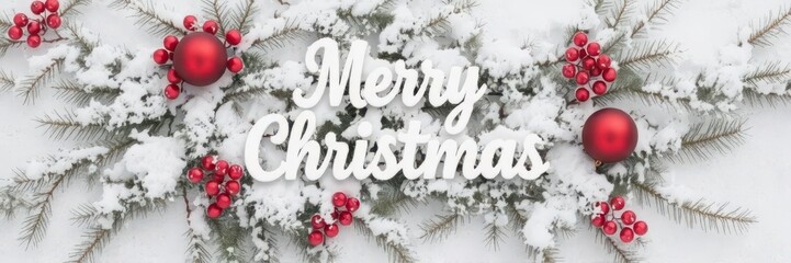 Winter evergreen branches covered in a blanket of snow with the words "Merry Christmas" overlaid, winter, snowy branches