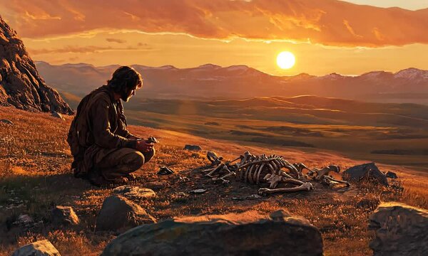 Contemplative Man in Nature at Sunset Reflects on Life and Mortality Surrounded by Remains in an Emotional and Thought-Provoking Scene