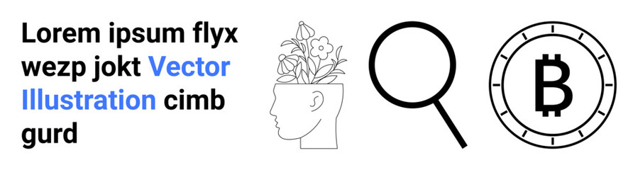 Head with flowers, magnifying glass, and Bitcoin symbol. Ideal for creativity, innovation, research, finance, technology, digital currency, and information Landing page