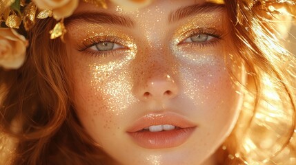 A close-up portrait of a woman with golden makeup and floral accents, radiating beauty.