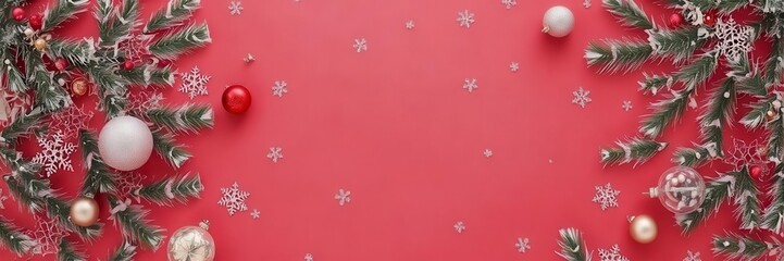 Christmas tree border with assorted holiday decorations on red background, background, border