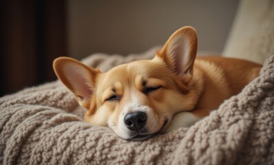 Sleeping corgi nestled in cozy blanket