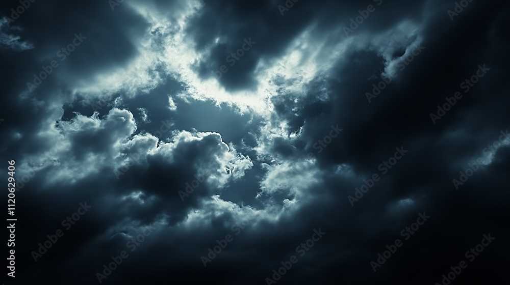 Aufkleber Intense Thunderstorm Clouds with Fading Light in a Dark Sky : Generative AI