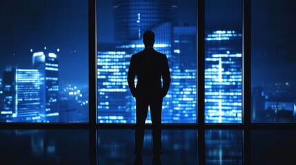 Fototapeta premium Corporate Leader Silhouette Against Urban Night Skyline Professional Business Conceptual : Generative AI
