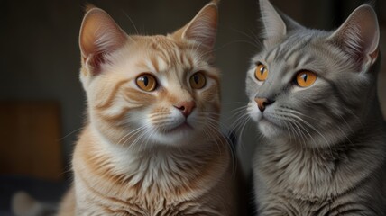 Two cats, orange and gray, with bright eyes, sitting side-by-side.
