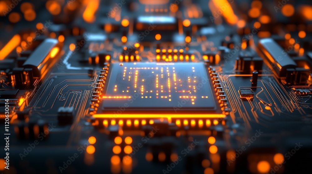 Aufkleber high tech neon lit circuit board featuring prominent microchip in orange light : generative ai