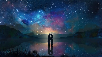 Fototapeta premium Couple Silhouettes Under a Starry Sky