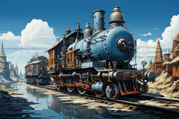 Obraz premium steampunk locomotive standing on the railway tracks among a picturesque cityscape. 
