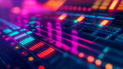 Obraz premium Colorful neon light pattern in futuristic electronic circuit
