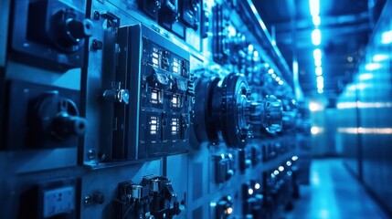 A close-up view of industrial control panels illuminated in blue light.