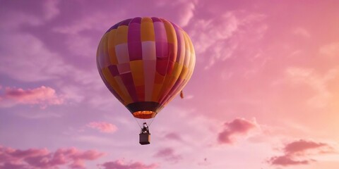 Naklejka premium Colorful hot air balloon floats in the sky with vibrant hues of orange and pink, pink, colorful