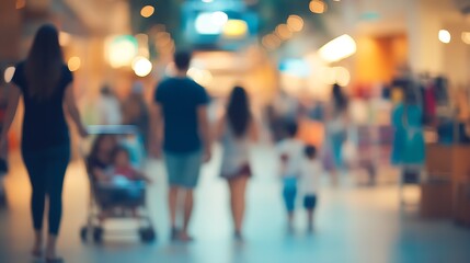 Blurred Snapshot of a Family Strolling in a Bustling Shopping Mall Ambiance : Generative AI