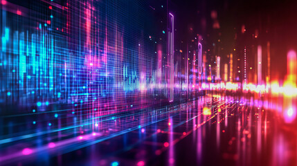 Futuristic neon light grid in a digital abstract cityscape