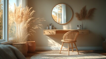 Sunlit boho vanity with wicker chair, pampas grass, and round mirror.