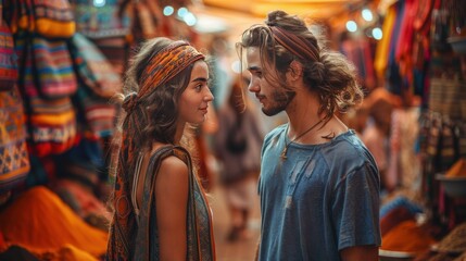 Obraz premium Engaged Couple Exploring Vibrant Moroccan Bazaar