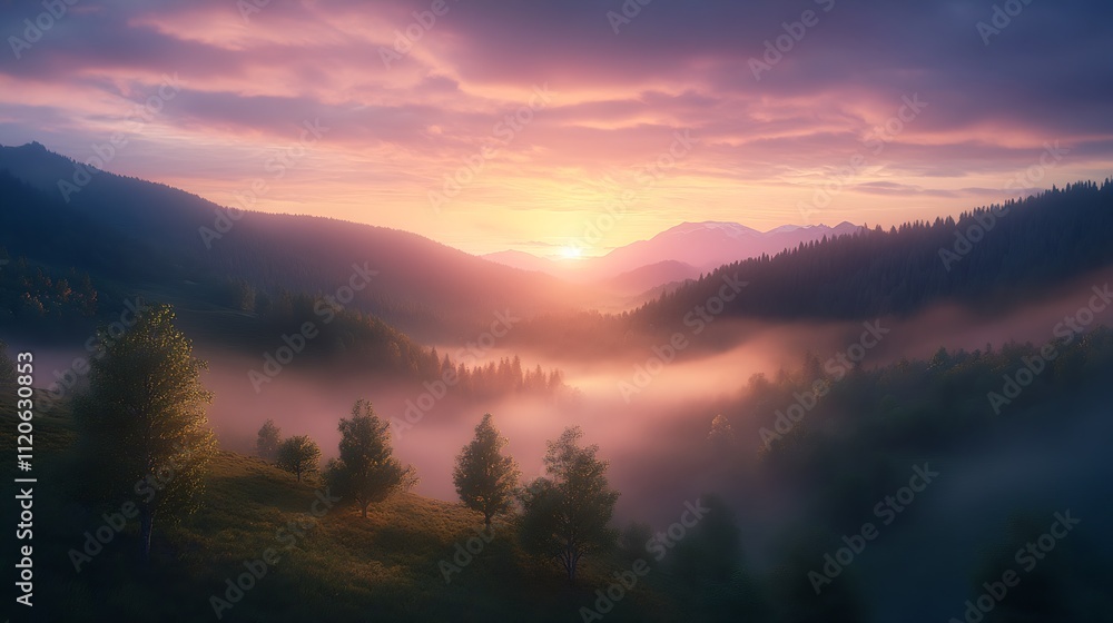 Poster sunset over serene misty valley with vibrant forest and rolling hills : generative ai
