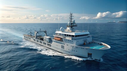 Naklejka premium A hightech research vessel equipped with innovative desalination technology exploring solutions for providing clean water in remote oceanic regions.