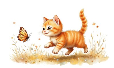 Playful orange kitten chasing a butterfly