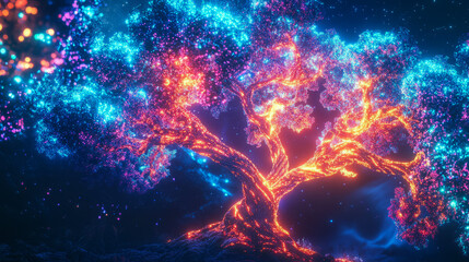 Obraz premium Vibrant neon tree in an enchanted night forest