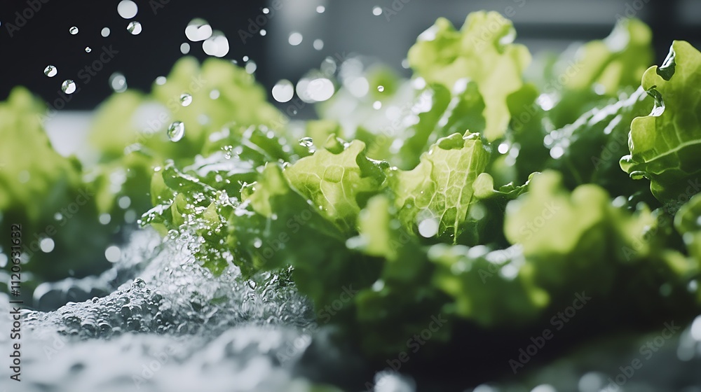 Poster macro capture of vibrant green lettuce with water rinsing splash for detox and healthy eating : gene