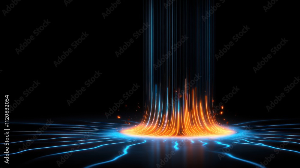 Poster abstract visual of vibrant energy streams converging at a point.