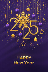 Naklejka premium Happy New Year 2025. Hanging Golden metallic numbers 2025 with shining snowflakes, 3D metallic stars, balls, confetti on purple background. New Year greeting card, banner template. Vector illustration