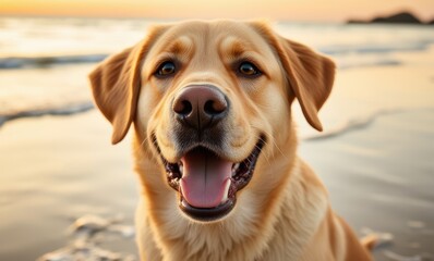 Happy golden retriever by the beach