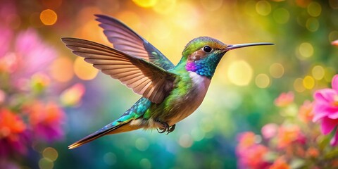 Fototapeta premium A breathtaking hummingbird in flight showcases its sparkling wings, capturing nature's beauty with vibrant feathers and a colorful backdrop, ideal for wildlife photography enthusiasts.