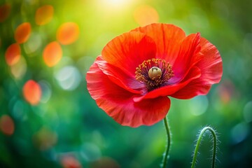 A breathtaking isolated poppy flower bursts with vibrant colors, set against a soft backdrop, perfect for landscape photography enthusiasts and nature lovers alike.