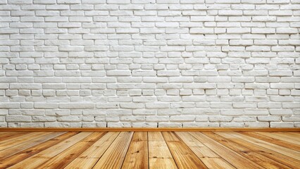 Fototapeta premium A bright, whitewashed brick wall paired with polished wooden flooring creates a serene backdrop for architectural photography and minimalist interior design in contemporary spaces.