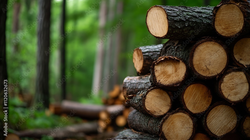 Poster Stacked Logs in Forest with Lush Green Background : Generative AI