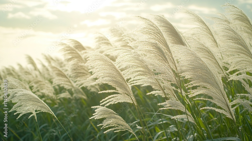 Poster Serene Field of Tall Feathery Grass Illuminated by Soft Sunlight : Generative AI