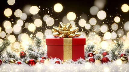 A festive red gift box adorned with a golden bow and charming decorations, embodying the spirit of Christmas celebration and giving.