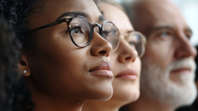A collective gaze: Three individuals, diverse yet united, share a thoughtful, hopeful look towards a shared future.