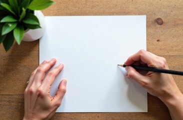 Obraz premium Person Holding Pencil Ready to Draw on Blank Sheet of Paper, with Plant on Table