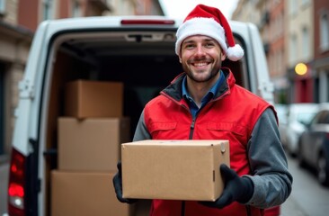 Delivery Driver Wearing Santa Hat and Red Jacket, Holding Package in Front of Van