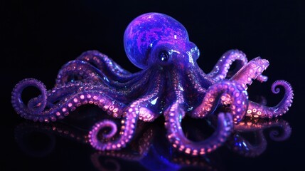 Fototapeta premium 3D holographic octopus with glowing tentacles, black background