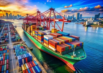 A cargo ship loaded with shipping containers in port, facilitating global trade, freight transportation, and efficient shipping logistics for the maritime industry and import-export activities.