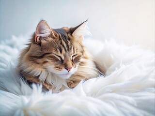 Obraz premium A cat peacefully sleeps on a pristine white bed, creating a cozy atmosphere perfect for home decor and pet lovers, evoking a serene and tranquil vibe.