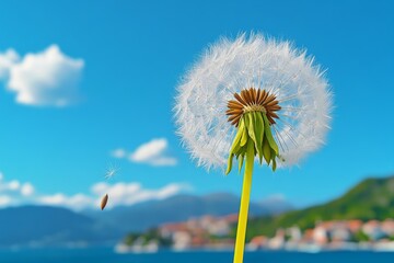 A close-up of a flower shedding seeds into the wind, with seeds floating away to begin a new life elsewhere