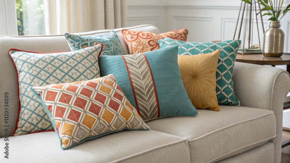 Poster Decorative throw pillows in complementary colors are artfully arranged on the sofa providing comfort and cohesion while drawing attention to the synergy between the soft upholstery