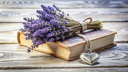 A charming dried lavender bouquet resting on a vintage book with a silver heart charm, beautifully contrasting against a white wooden surface for an elegant display.
