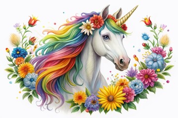 A charming unicorn with a vibrant rainbow mane, enveloped by colorful flowers in a candid photography style, ideal for fantasy themes and whimsical children's decor.
