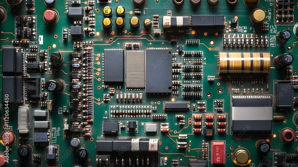 Poster closeup of complex electronic circuit board with microchips and resistors : generative ai