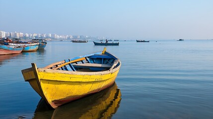 Fototapeta premium Colorful Fishing Boat Resting on Tranquil Sea with Horizon of City Buildings : Generative AI