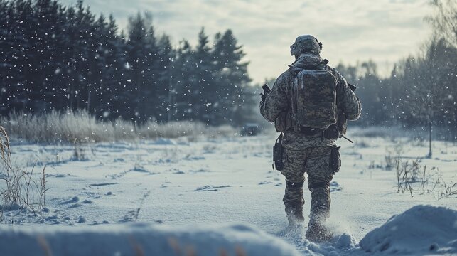 Soldier walking across a snowy battlefield, clutching his weapon, winter conditions generative ai
