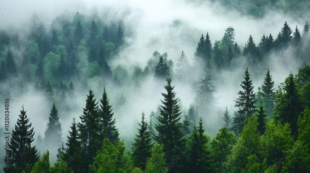 Poster Lush evergreen forest enveloped in mystical fog blending nature and mystery : Generative AI