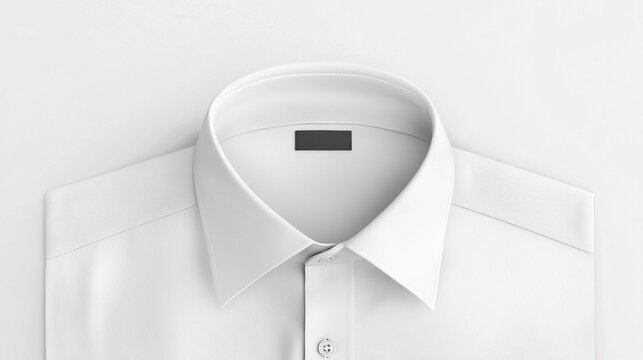 A neatly arranged white dress shirt with a focus on the collar and button placket.